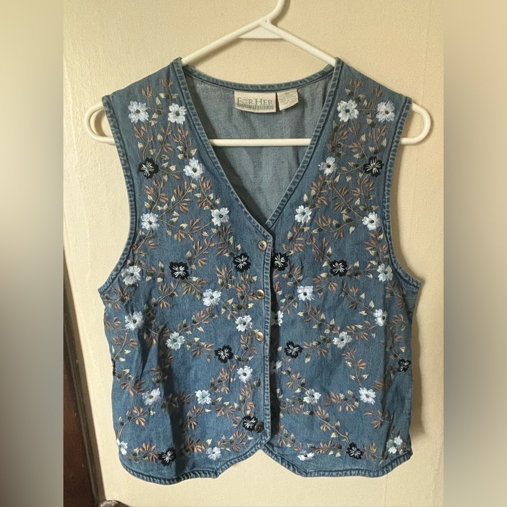 Denim, Sleeveless, Button-Up Vest with Textured Floral Embroidering & Bow Detail